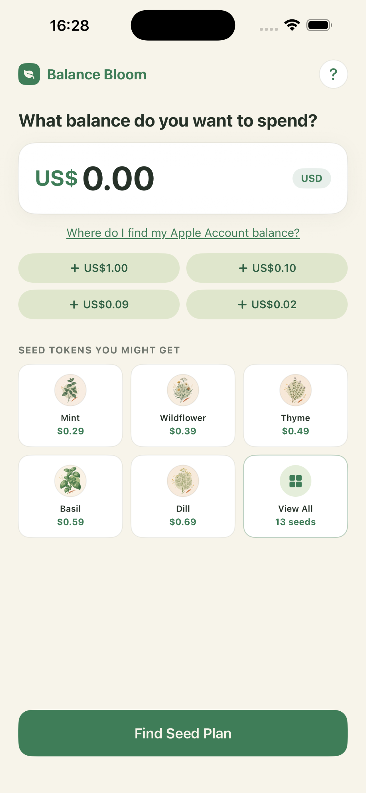 Balance Bloom Home screen — enter the balance you want to spend and see the Seed Tokens you might get