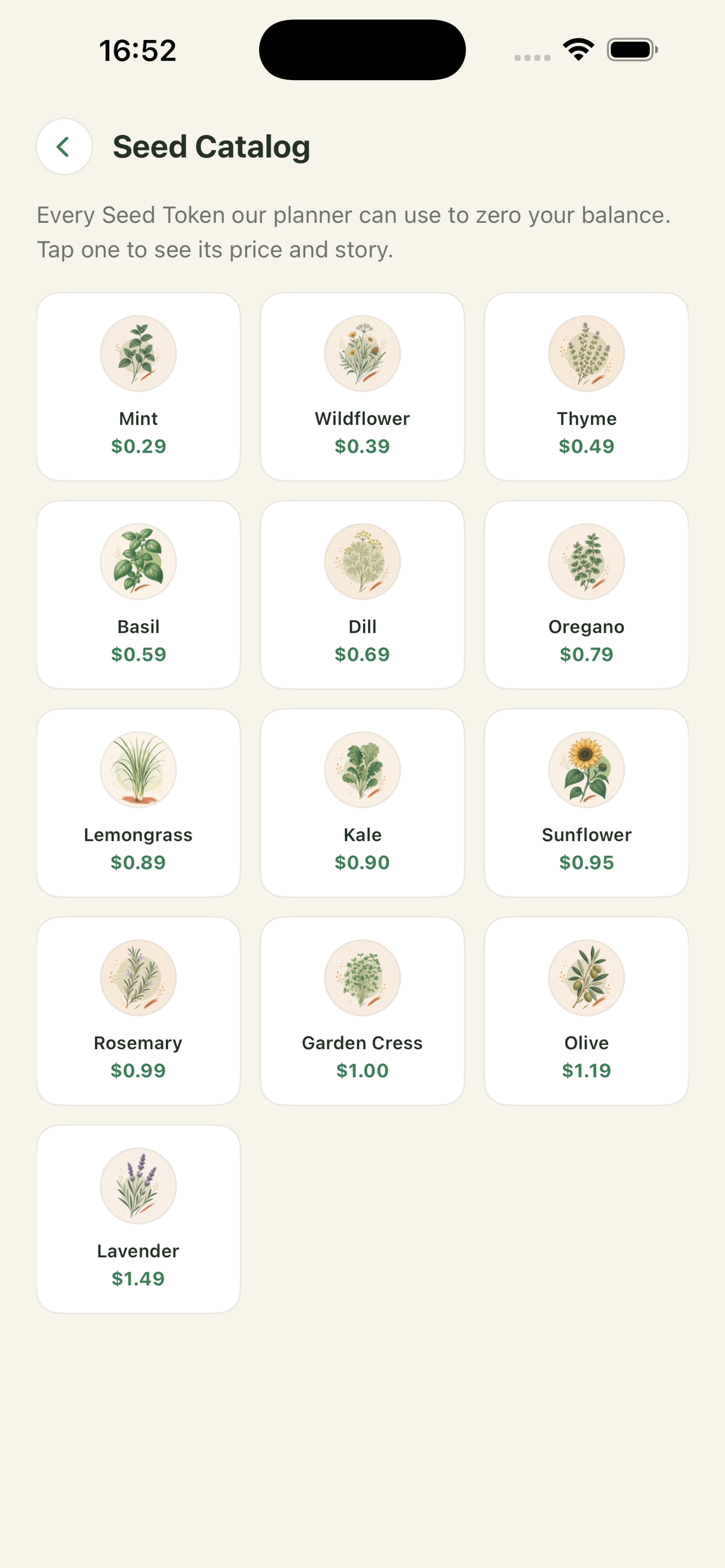 Seed catalog showing every Seed Token and its price